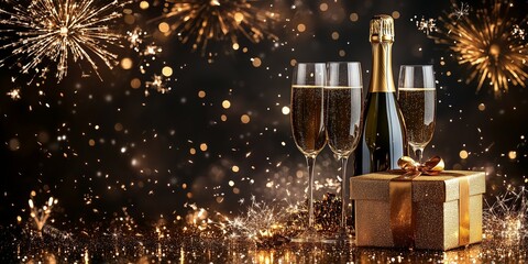 New Year banner with a golden gift box, a champagne bottle, and two glasses on a sparkling background with fireworks. Banner for a New Year celebration or party 