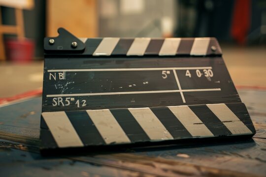 Vintage black and white movie slate is sitting on a table, ready for the next shot