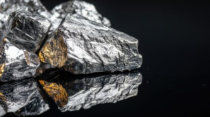 Naklejka premium raw material Platinum and Chrome Ore rock isolated on black reflective background.