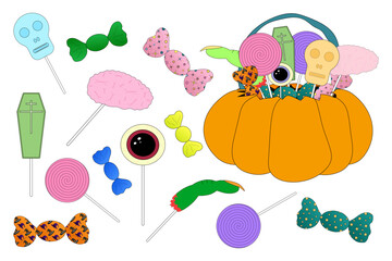 A colorful vector set featuring spooky Halloween candies, lollipops, and a pumpkin bucket. Perfect for festive designs and holiday themes.