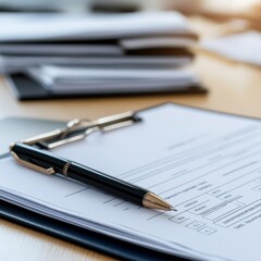 A pen rests on a clipboard filled with documents, highlighting themes of organization, paperwork, and productivity in an office setting.