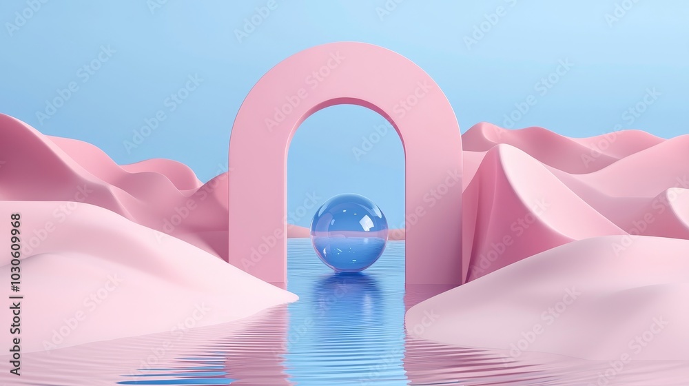 Poster surreal landscape with abstract pastel dunes reflecting grass land and metallic balls. a dreamy and 