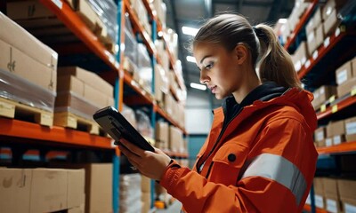 Female warehouse worker scanning packages to manage inventory efficiently in a spacious warehouse environment