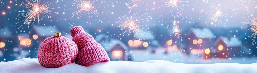 Warm winter scene featuring pink knitted hats resting on snow, with sparkling fireworks illuminating snowy village in background, creating festive atmosphere. 