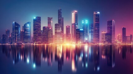Fototapeta premium Modern skyline with illuminated skyscrapers reflecting off a calm surface in a digital landscape. 