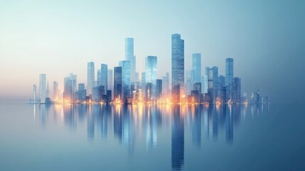 Fototapeta premium Modern skyline with illuminated skyscrapers reflecting off a calm surface in a digital landscape. 