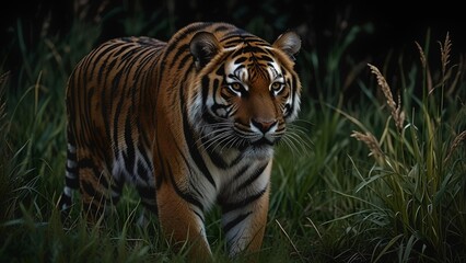 Majestic Tiger Stalking Through the Grass