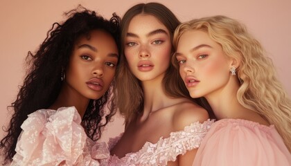 Obraz premium A stunning lookbook showcasing natural beauty with three diverse models. Ideal for spa and beauty themes, this image captures elegance and radiance in a soft aesthetic.