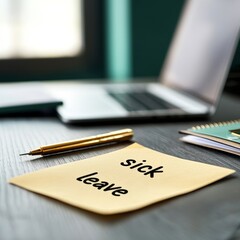 A sticky note on a desk with "sick leave" written on it, accompanied by a pen and a laptop in the background.