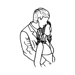 couple drawing man hugging woman from back - hand drawn line sketch