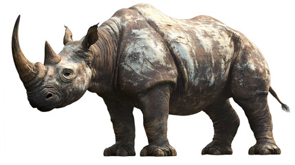 Obraz premium Close-Up of a Massive Rhino Grazing in a Grassland with a Dusty Background