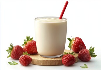Delicious creamy milkshake topped with fresh strawberries and a straw on a wooden platform