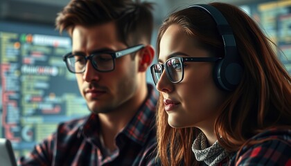 Obraz premium Engaged in deep concentration, a man and woman collaborate in a tech environment, surrounded by screens filled with code and ideas, highlighting their synergy and creativity