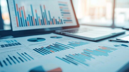 A workspace featuring graphs and charts on paper and a laptop, illustrating data analysis and business metrics.