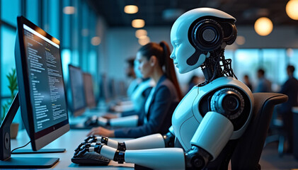 Robots with artificial intelligence operating computers in a contemporary office or data center. In the office, humans and a futuristic robot with artificial intelligence coexist. Business assistance 