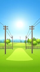 A green field with two wooden power poles and power lines under a clear blue sky.