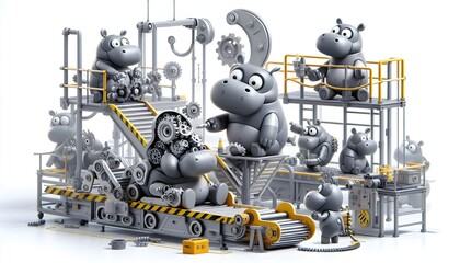 playful factory scene where 3d rendered cartoon hippo robots are being built or fixing each other. Some hippos are half-built with gears exposed, others are helping each other bolt on limbs.