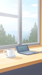 Fototapeta premium A laptop, a cup of coffee and a window with a view of a mountain.