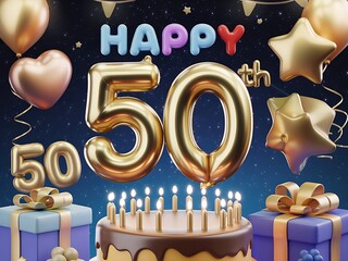 Golden 50th Birthday Balloons with Shiny Decorations