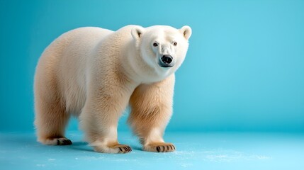 Fototapeta premium Majestic Polar Bear Stands Tall in Icy Studio Portrait with Futuristic Tetradic Color Scheme The powerful predator is captured in a dramatic minimalist setting
