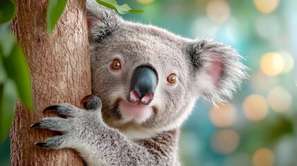 Fototapeta premium Cute and Serene Portrait of a Koala Clinging to a Tree Branch Against a Tranquil Lavender Background Creating a Soothing and Sci Fi Inspired Atmosphere