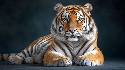 Majestic tiger lying calmly with a fierce cybernetic expression on a dark blue studio background highlighting its powerful and formidable presence as the apex predator of the wild