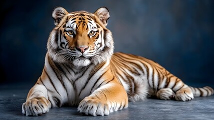 Obraz premium Captivating full body studio shot of a majestic tiger lying down against a dark blue background highlighting its fierce cybernetic expression and monochromatic color scheme