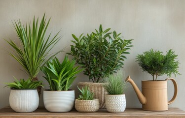 Fototapeta premium Arranged indoor plants in decorative pots with a watering can on a wooden shelf