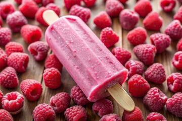 Homemade raspberry pink ice cream on a stick against raspberries