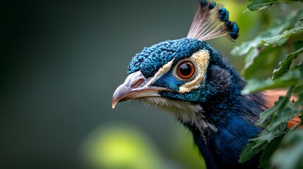 Obraz premium Close up of a regal peacock s eye catching tail feathers captured under studio lighting with a dark purple background