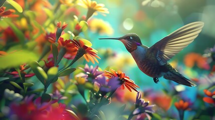 Naklejka premium Close-up of a hummingbird hovering near a vibrant cluster of flower.
