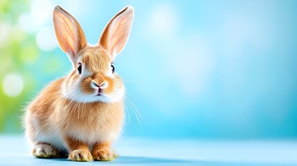 Fototapeta premium Full body studio shot of a playful rabbit on a pastel blue background perfect for Easter or spring themes with a technology tone and vivid colors