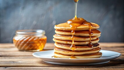 Honey being drizzled on a stack of pancakes