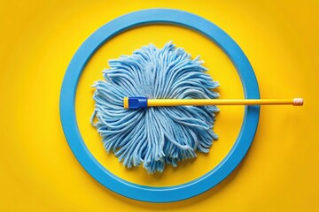 Sparkling mop and blue duster crossed in a circular formation, surrounded by a bright yellow border, conveying professionalism and trust in a cleaning service brand.