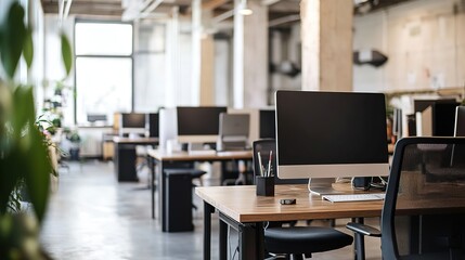 Modern office workspace with large windows and minimalist design in a high-rise building overlooking the city skyline