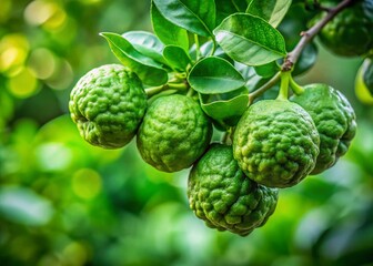 Obraz premium Fresh Green Bergamot Fruits Hanging on Branches in Lush Garden - Healthy Food Concept