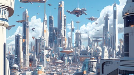 A futuristic cityscape with towering skyscrapers and flying vehicles, but with design aesthetics inspired by the 1950s and 1960s