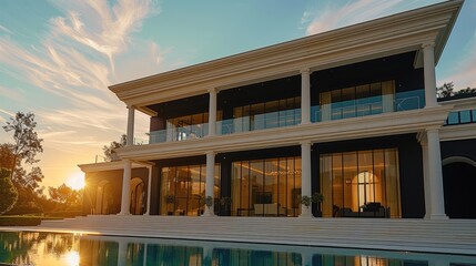 Exterior of a mega mansion, with full height glass windows without borders.