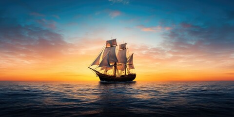Fototapeta premium A majestic sailboat sails across the open ocean with a colorful sunset in the background.
