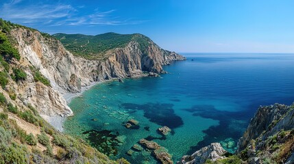 A breathtaking coastal landscape with turquoise waters and rocky shores under a clear blue sky