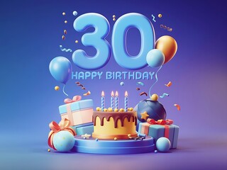 30th Birthday Cake with Blue and White Theme