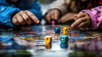 Obraz premium Children engaged in a colorful board game while rolling dice indoors on a rainy day