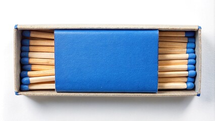 Fototapeta premium Horizontal blue matchbox with matches on a white background medium shot