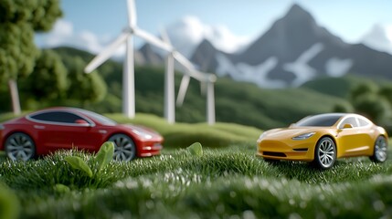 Innovative green energy solutions like solar panels wind turbines and electric cars showcased in a bright and vibrant landscape setting