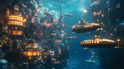 A surreal underwater city with retro-inspired submarines floating above coral formations and bioluminescent sea creatures