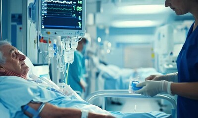 Nurse arranging medical supplies next to a senior man resting in a hospital bed, providing attentive care and support for his needs - Powered by Adobe