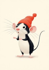 illustration or cartoon of a funny mouse with red hat on white background