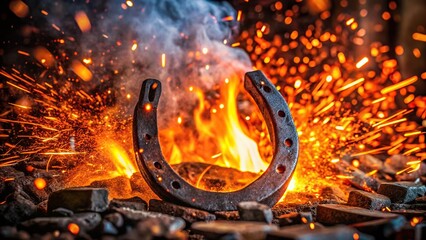 Horseshoe heating in iron forge with flying sparks