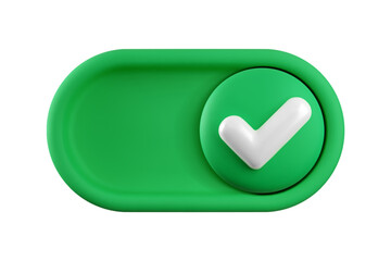 Vector cartoon 3d turn on switch button. Cute realistic 3d green toggle switch slider with shiny yes checkmark icon. Setting toggle design element for mobile app interface, web.