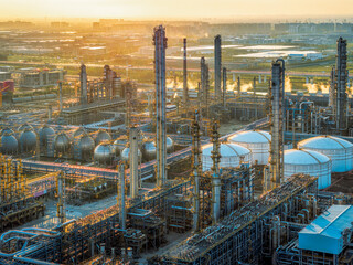 Refinery and chemical plant industrial landscape at sunset